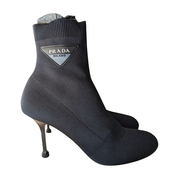 Prada Black Sock Ankle Boots Stiletto Heel Logo Triangle Women's Size 39.5 Italy - Picture 4 of 10